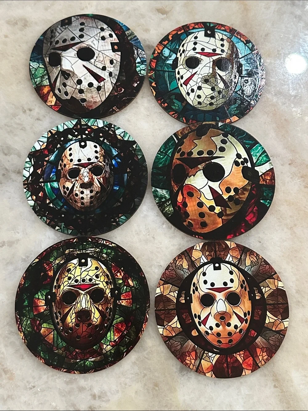 Jason Voorhees Hockey Mask Coaster Set - Multicolor Stained-Glass Design